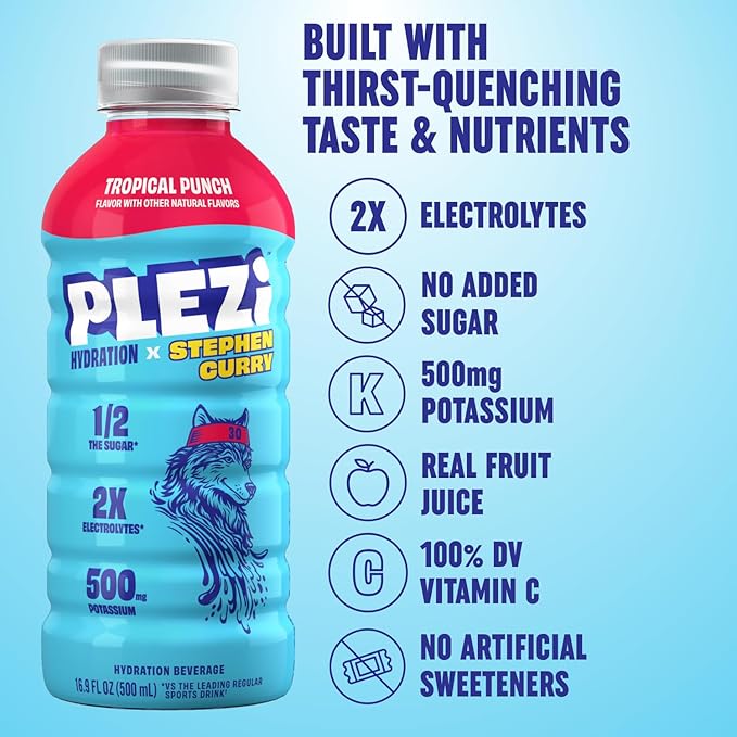 PLEZi Hydration Drink Bundle – Orange Mango &amp Fruit Punch x Stephen Curry – Sports Drinks with 2X Electrolytes 500mg Potassium No Added Sugar – 16.9 Fl Oz (24 Pack Total)
