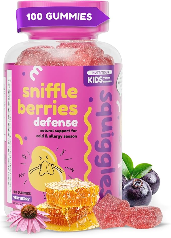 Squiggles Sniffle Berries Elderberry Gummies with Bee Propolis &amp Echinacea Kids Immune Booster Propolis Gummies for Health Toddler Vitamins for Immune Support Tasty Chewy Gummy (100 Count)