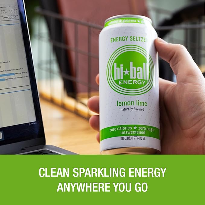 Hiball Clean Energy Drink - Lemon Lime - Zero Sugar Zero Calorie Sparkling Water with 160mg Organic Caffeine 50mg Organic Ginseng 50mg Organic Guarana - 16 fl oz (8-Pack)