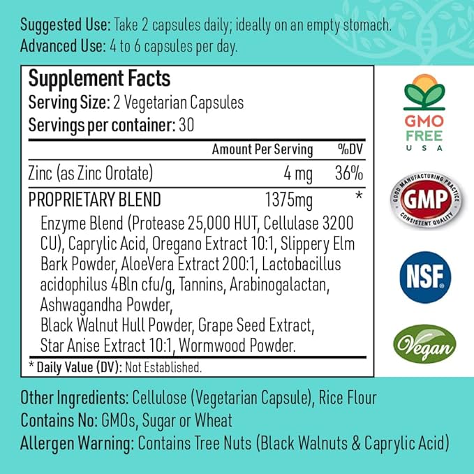 Candida Complex Digestive Enzymes Probiotic Cleanse Supplement Oregano Oil Wormwood Black Walnut Hulls Slippery Elm Ashwagandha Caprylic Acid Grape Seed Extract NonGMO 120 Caps