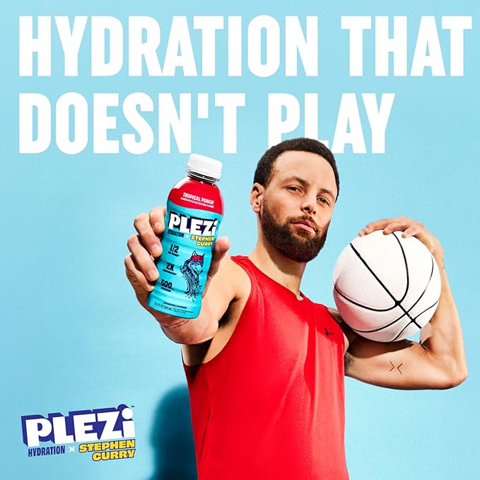 PLEZi Tropical Punch Hydration Drink x Stephen Curry - Sports Drinks with 2X Electrolytes - 500mg Potassium Low Sugar No Added Sugar - For Kids &amp Adults - 16.9 Fl Oz (12 Pack)