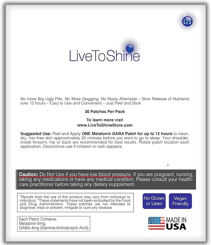 Live To Shine Melatonin Sleep Patches with GABA - 5mg Melatonin + 5mg GABA for Calm Restful Sleep -12-Hour Slow Release Transdermal Patch - 30 Patches - No Pills or Gummies