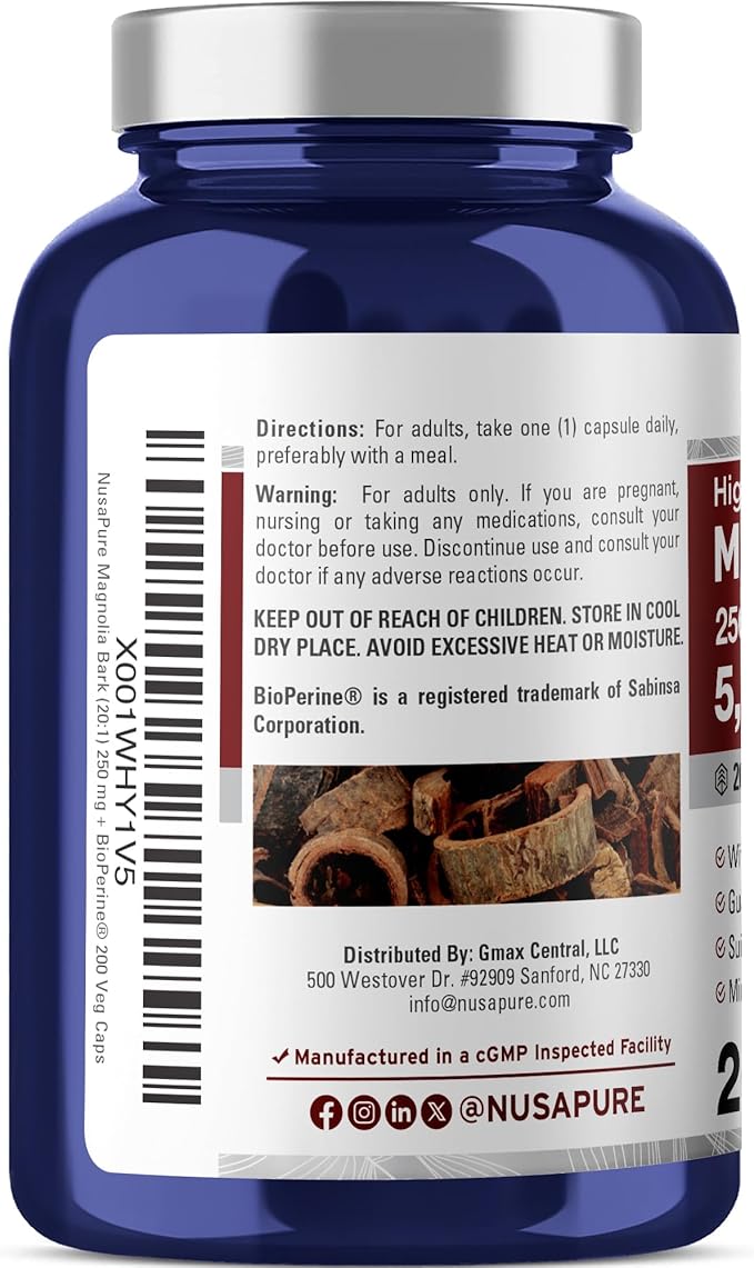 NusaPure Magnolia Bark 20:1 Extract 250 mg Equivalent to 5000 mg 200 Vegan Vegetarian Capsules Non-GMO