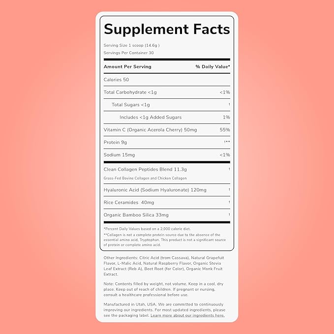 Clean Simple Eats Collagen Powder + Beauty Blend Ruby Red Raspberry Hydrolyzed Collagen Peptides from Grass Fed Bovine &amp Chicken Hyaluronic Acid for Hair Skin Nail &amp Joint Support 30 Ser