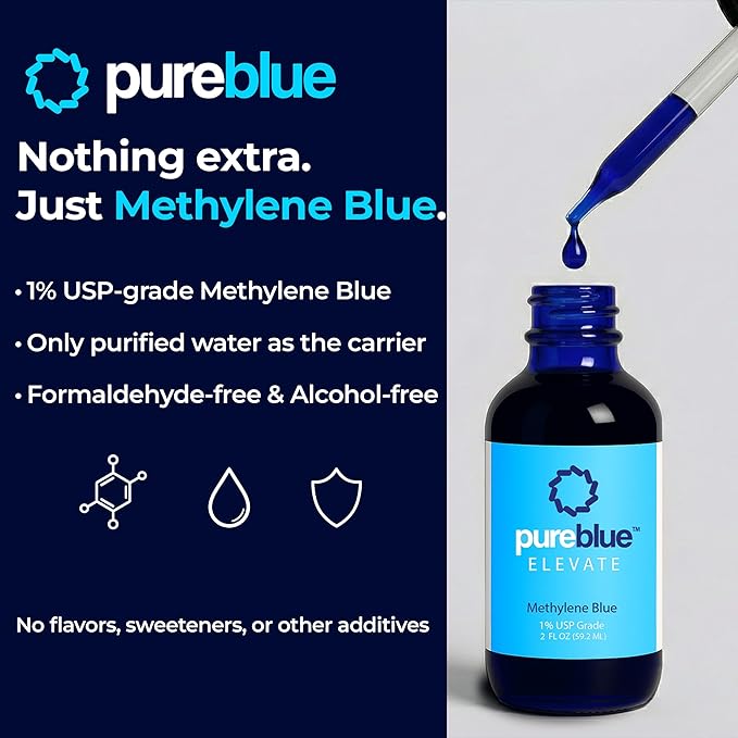 PureBlue Methylene Blue 1% USP Drops | Formaldehyde-Free Alcohol-Free Solution for Cognitive &amp Mitochondrial Support | Third-Party Tested Made in USA | 2 fl oz
