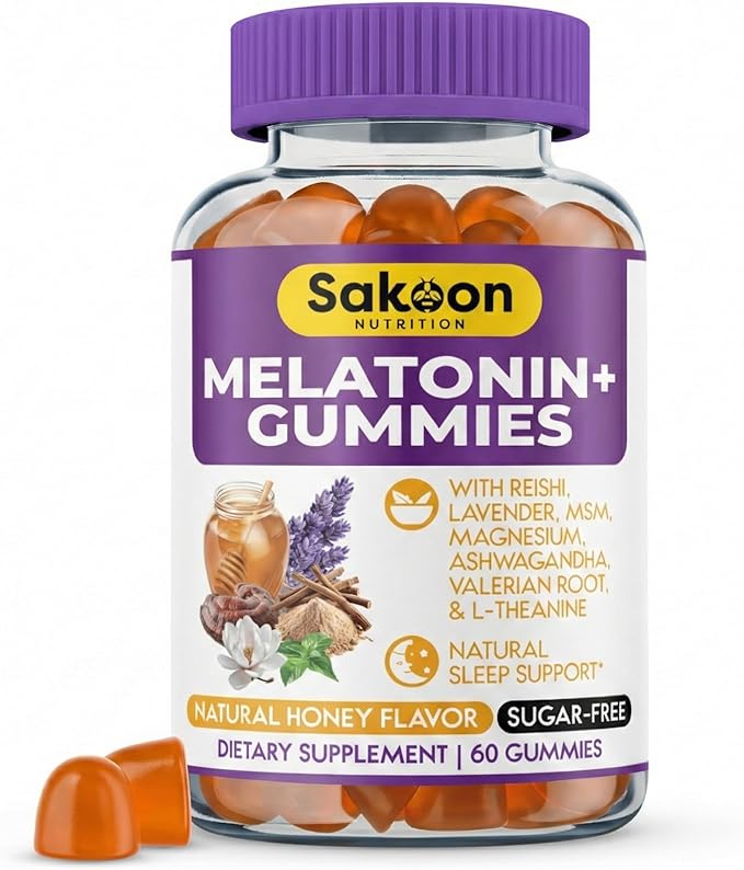 Sakoon nutrition Melatonin Gummies for Women &amp Men | 10mg Melatonin Plus Gummies with Sugar Free Natural Honey Flavor | Reishi Magnesium &amp L-Theanine | Vegan Halal Sleep Support | 60 Count