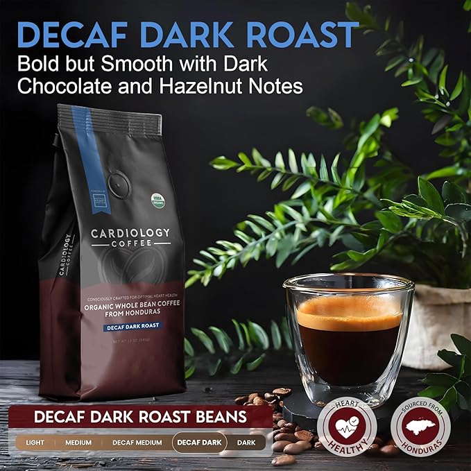 Cardiology Coffee – Dark Roast Decaf Coffee Beans – USDA Certified Organic Mold Free 12oz Premium Whole Bean Coffee – Decaf Barista-Style Beans with Swiss Water Decaf and Antioxidant Benefits