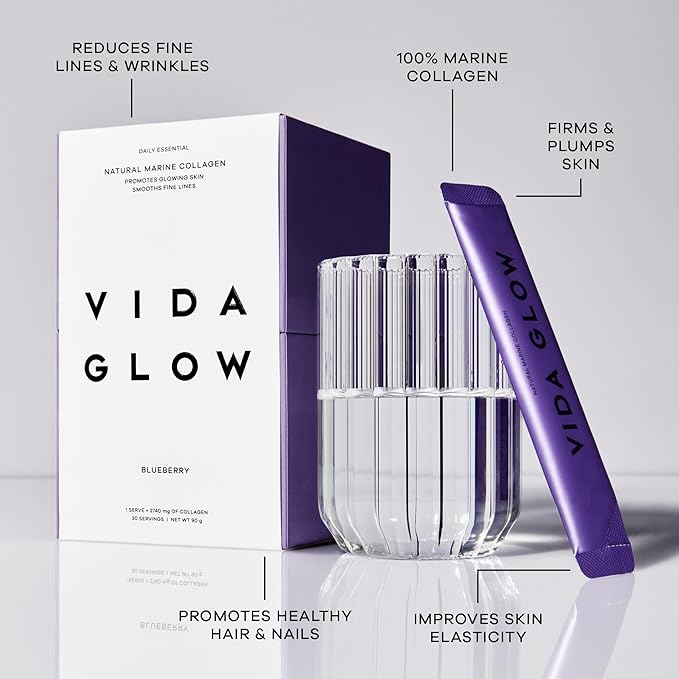 Vida Glow Marine Collagen Powder - Anti Aging Supplement with Collagen Peptides Promotes Glowing Skin Strong Nails Healthy Hair | 30 Servings Original Flavor (One Size Blueberry)