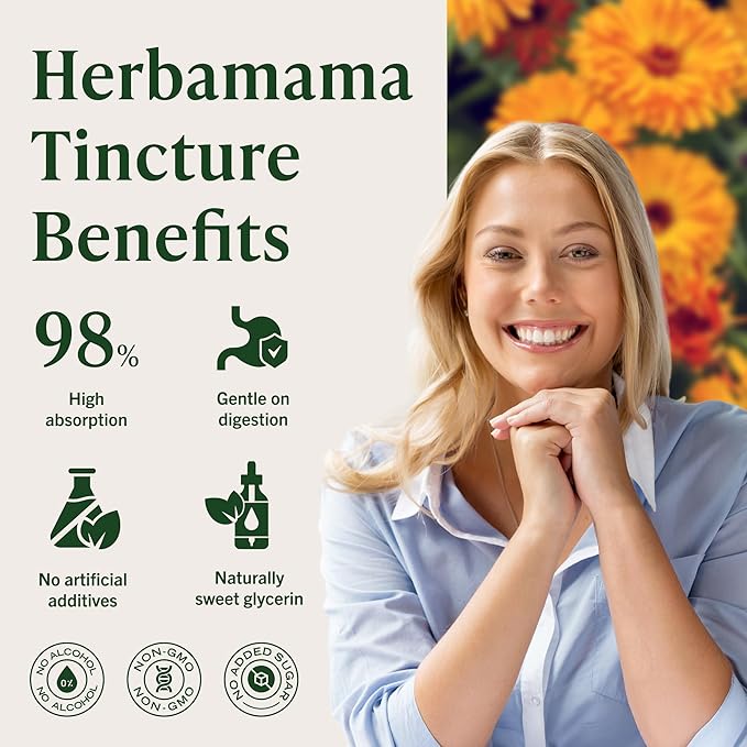 HERBAMAMA Calendula Tincture - Vegan Antioxidant &amp Detox Support with Calendula Extract Drops - Non-GMO Alcohol &amp Sugar-Free Liquid Supplement 42-Day Supply