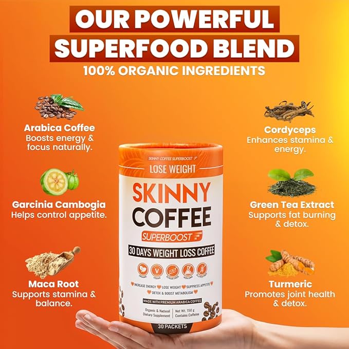 Skinny Coffee Super Boost Weight Loss Coffee Belly Fat Burner for Women &amp Men Sugar-Free Keto Vegan Reduces Bloating Supports Energy &amp Metabolism Appetite &amp Cravings Control (60 Servi