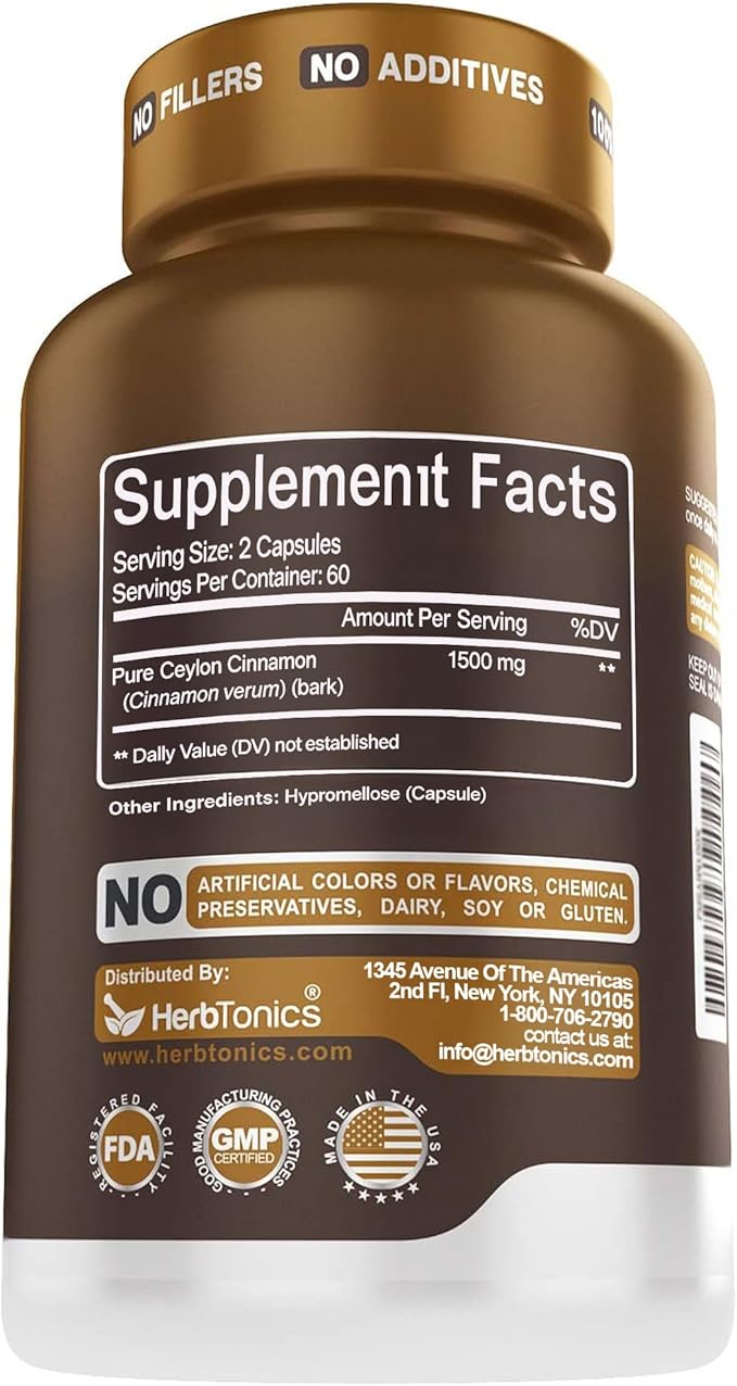 Herbtonics Pure Ceylon Cinnamon Capsules | Immune System Healthy Weight Management | Non-GMO Gluten Free | 1500 Mg - 120 Capsules