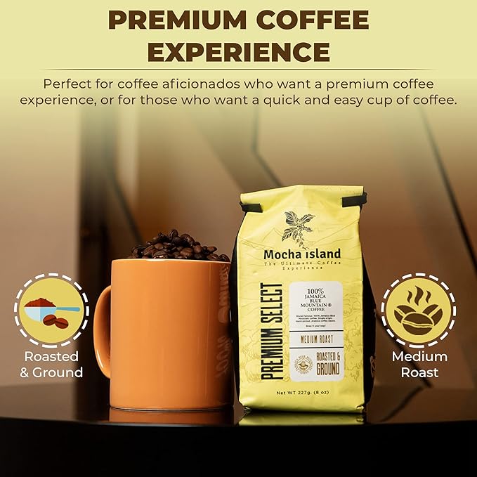 Mocha Island Blue Mountain Coffee Medium Roast Ground Jamaican Coffee 8oz