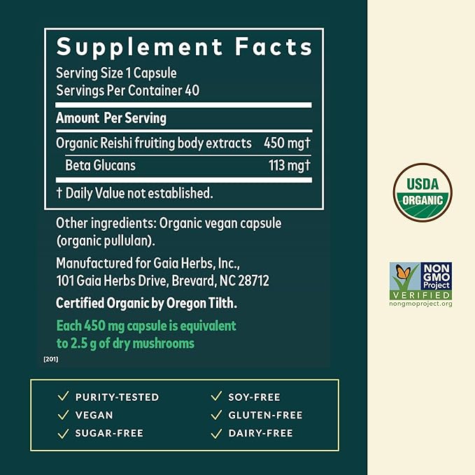 Gaia Herbs Reishi Mushroom - Traditionally Used to Support a Healthy Immune System &amp Heart Health - Adaptogen Herbal Supplement for Longevity Support* - 40 Vegan Liquid Phyto-Capsules (40 Servings