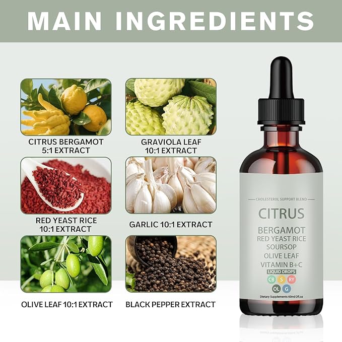 Red Yeast Rice DropsCholesterol Support Blend with Citrus Bergamot Red Yeast Rice Soursop Olive Leaf Vitamin B+CNon-GMO Natural Vegan 2 fl oz Dietary Supplement (Pack of 2)