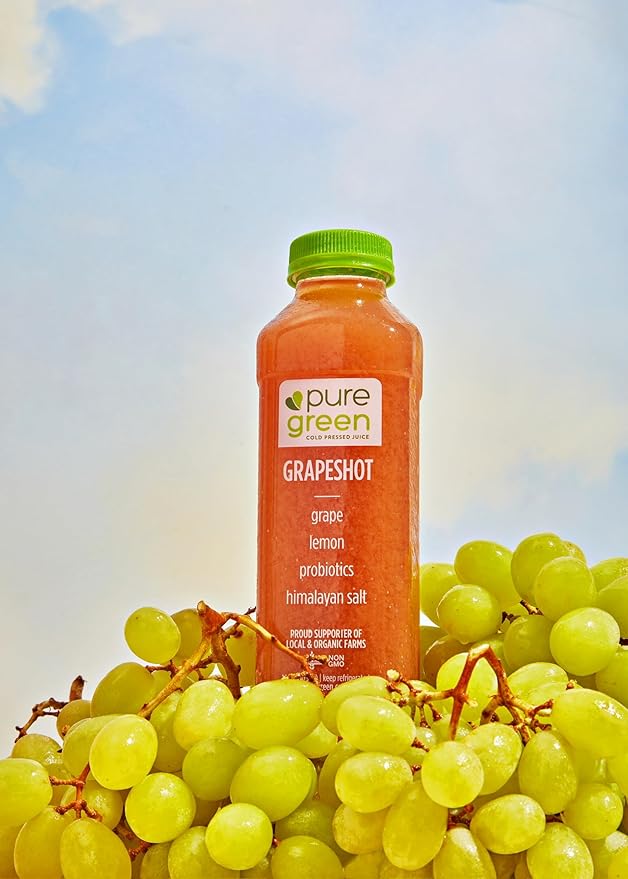 Pure Green Cold Pressed Juice - Grapeshot - Fresh Functional Blend with Grape Lemon Pink Himalayan Salt - Natural Gluten Free Non-GMO No Artificial Colors or Flavors - Made from Real Fruits &amp