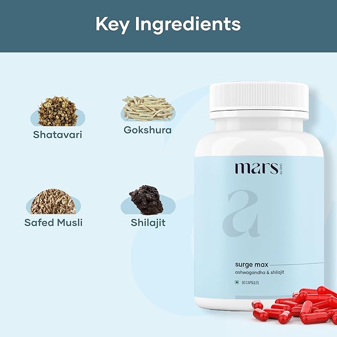 Mars Surgemax Natural Capsules with Shilajit &amp Safed Musli | Supports Energy Strength &amp Immunity | for Active Lifestyle | 120 Capsules | Pack of 2