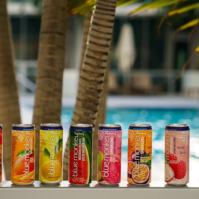 Blue Monkey Sparkling Pineapple Juice - Real Fruit Juice No Sugar Added All Natural Lightly Carbonated Halal Certified - Refreshing Tropical Sparkling Water Alternative - 11.2oz (330ml) 12 Pack