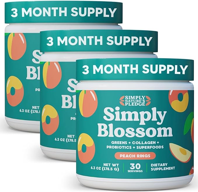 Simply Blossom Nutrition Daily Greens &amp Superfood Powder + Collagen + Probiotics for Women's Digestive Health &amp Bloating Relief. Help Your Health Bloom - 3 Month Supply- Peach Rings