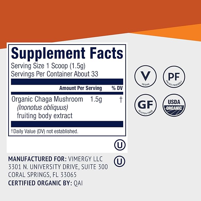 Vimergy Chaga Powder – Superfood Cellular Support* – Benefits Cardiovascular Health* – USDA Certified Organic Vegan Gluten-Free – 33 Servings