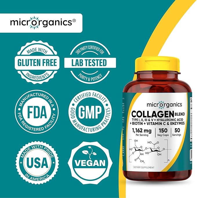 5-in-1 Collagen Complex Hydrolyzed Peptides Types I II III V Hyaluronic Acid Biotin Vitamin C &amp Digestive Enzymes for Max Absorption 150 Veg Caps