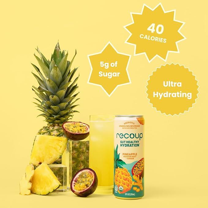 Recoup Organic Sparkling Prebiotic Drink - Ginger with Electrolytes for Gut Health Support &amp Hydration No Added Sugar ((Pack of 12) Pineapple Passion Fruit + Ginger)