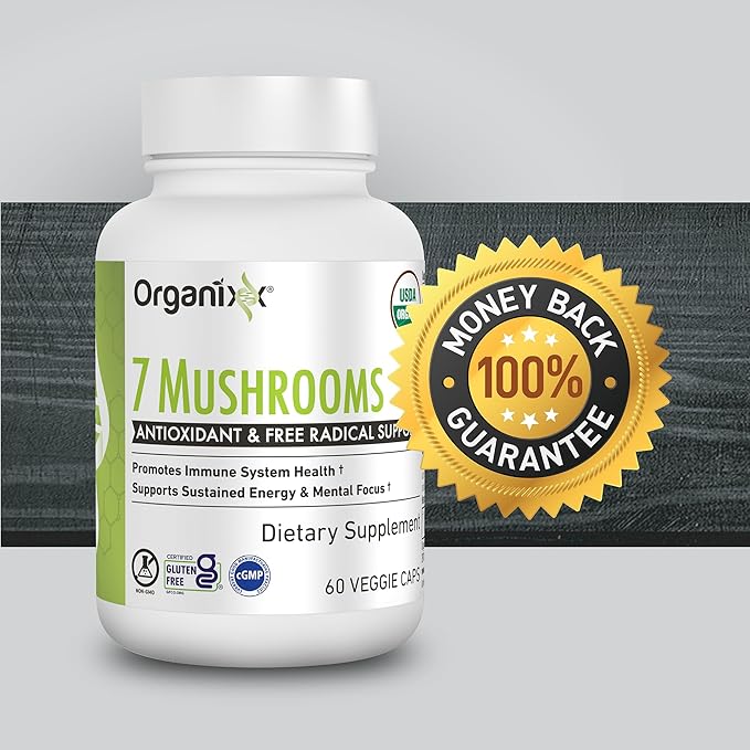 Organixx USDA Organic Mushroom Supplement 7 Fermented Mushrooms – Lions Mane Shiitake Cordyceps Turkey Tail Reishi – for Immune &amp Digestion Support 60 Vegetarian Capsules