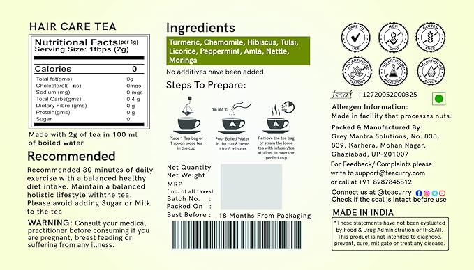 TEACURRY Hair Care Tea (30 Tea Bags) - Helps with Hair Growth Shine Repair &amp Strength