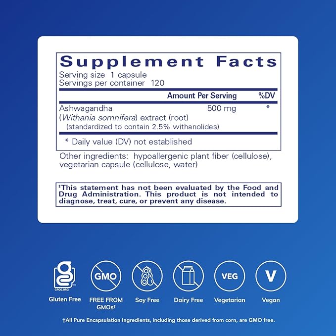 Pure Encapsulations Ashwagandha - 500 mg Ashwagandha Extract - Metabolism &amp Stress Support - Immune Support - GMO Free &amp Vegan - 120 Capsules