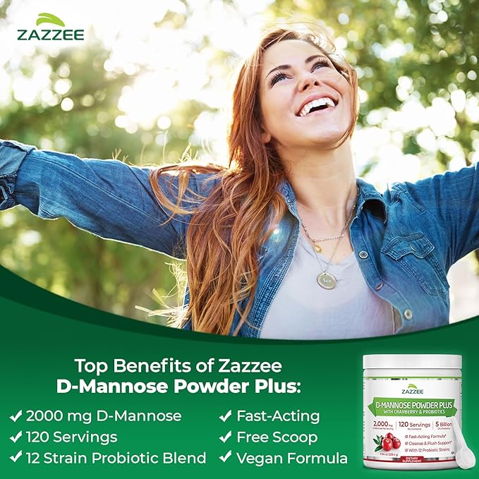 Zazzee D-Mannose Powder Plus 2000 mg 120 Servings Plus 5 Billion CFU Probiotics and Pure Cranberry Juice Extract Certified Kosher Free Scoop 11.94 oz Urinary Tract Support Non-GMO