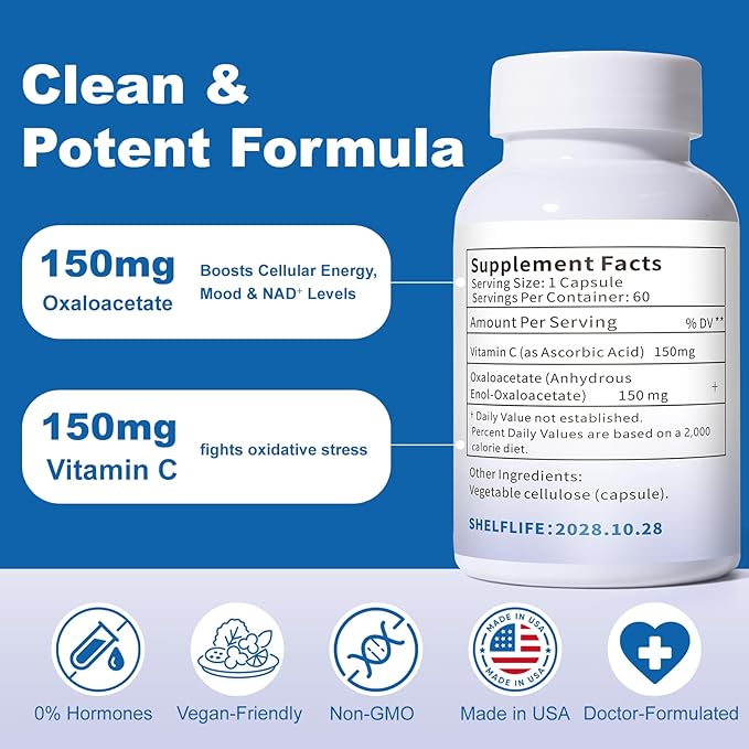QUBIT Oxaloacetate Supplement (60 Capsules) – Cellular Energy &amp Focus PMS &amp Mood Support – with Vitamin C – Helps Healthy Glutamate Levels Reduces Fatigue &amp Brain Fog
