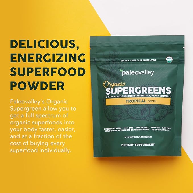 Paleovalley Organic Supergreens Powder - 23 Superfoods with Prebiotic Fiber for Energy and Immunity Support - No Cereal Grasses for Maximum Absorption - Tropical 30 Servings