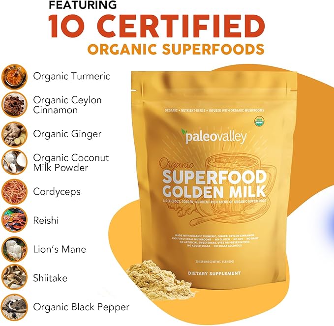 Paleovalley Organic Superfood Golden Milk - Immune Focus Cognitive Longevity - Turmeric MCT-Rich Coconut Milk Functional Mushrooms 30 Servings