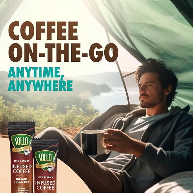 Sollo Brain Power Instant Coffee Sticks (24 Servings) Cinnamon Notes - Dark Roast Enhanced Brain Function &amp Immune Support Focus Bold &amp Smooth Taste 100% Arabica Freeze Dry.