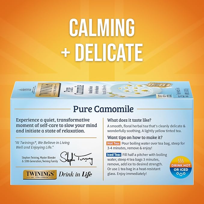 Twinings Pure Camomile Herbal Tea Individually Wrapped Bags 25 Count (Pack of 6) Calming &amp Delicate Naturally Caffeine-Free Enjoy Hot or Iced 150 Teabags