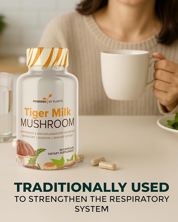 Tiger Milk Mushroom Supplement - 500mg Per Capsule with 50% Beta-Glucan - Supports Respiratory Function Cognitive Clarity Digestive Balance &amp Immune Wellness - 60 Count