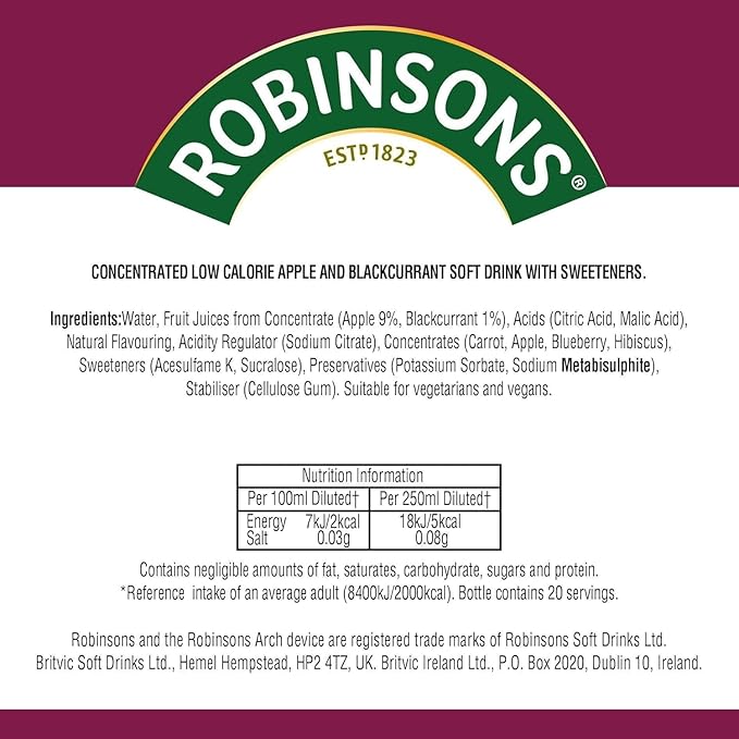 Robinson's Fruit Drink Apple &amp Blackcurrant No Added Sugar 1 Liter Plastic Bottles (Pack of 6)