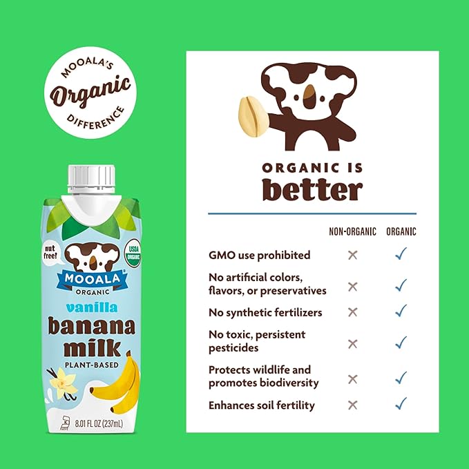 Mooala - Organic Vanilla Bananamilk Lunchbox Friendly Shelf-Stable Non-Dairy Nut-Free Plant-Based Beverage On the Go 12 Pack