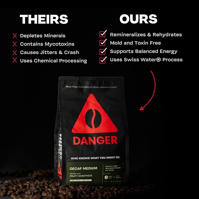 Danger Coffee by Dave Asprey Remineralized Mold Free &amp Lab Tested Swiss Water Decaf Whole Bean Coffee Medium Roast Decaffeinated 10.9 Ounce