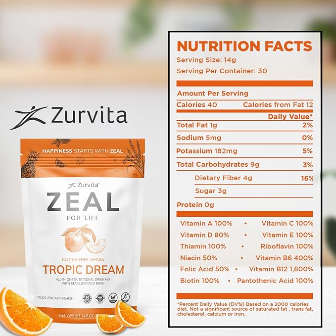 Zurvita - Zeal for Life 30-Day Wellness Bag - Tropic Dream Flavor Daily Nutritional Supplement for Vitality Immunity &amp Overall Wellness - 420 Grams