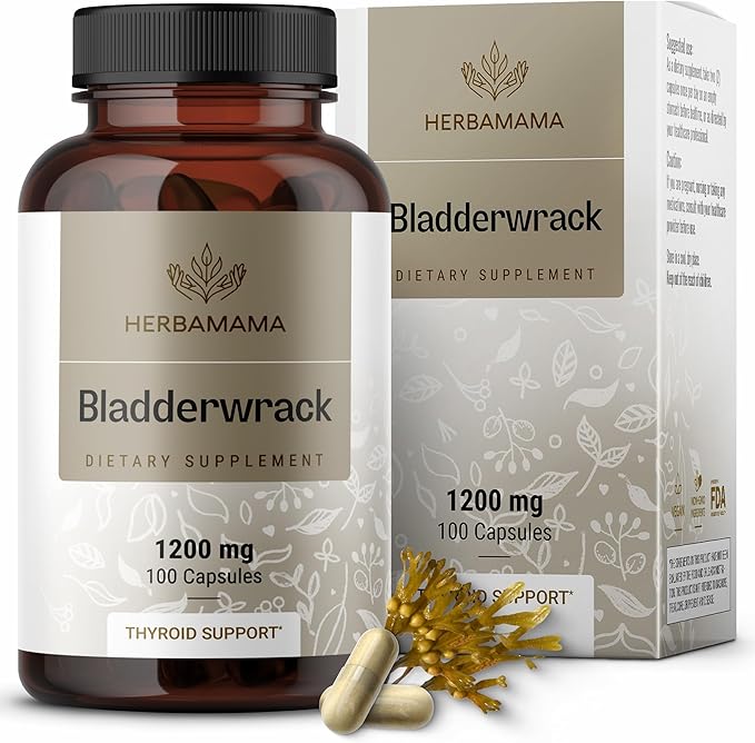 HERBAMAMA Bladderwrack Capsules - 1200mg Bladderwrack Herb Powder for Energy &amp Overall Support - Vegan Non-GMO Sea Iodine Source Supplement 100 Caps