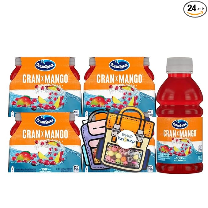 Ocean Spray Cran Mango Fruit Juice Drink 10 fl oz Plastic Bottles 24 Pack + 2 Reusable Snack Bags by KOOL8SHOP Infinite Deals