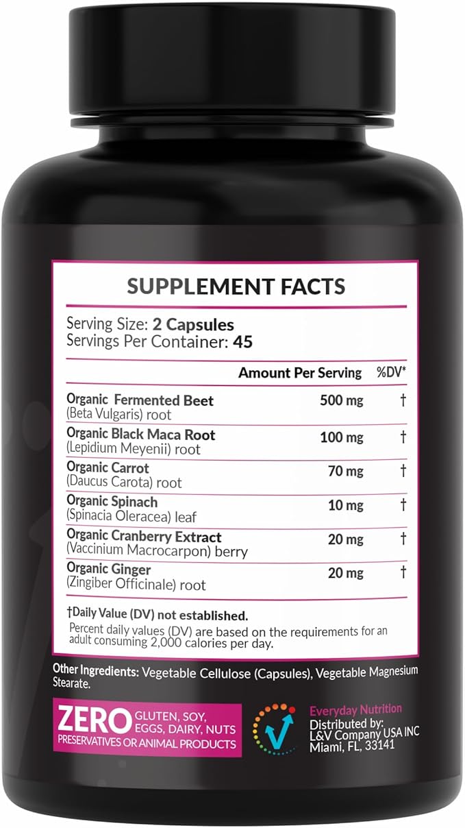 Organic Fermented Beet Root Black Maca Carrot Spinach Cranberry Ginger |Enhanced Overall Health for Women &amp Men | Made in USA | 90 Veggie Capsules