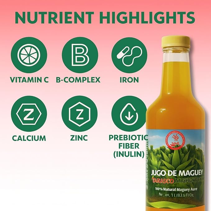 Maguey Juice – 1000 ml (1 L) – Pure Agave Jugo Maguey – Vegan 100% Artisanal Non-GMO – Natural Digestive Support – Rich in Vitamins B2 B3 &amp C Iron Calcium Magnesium &amp Zinc – Hecho en Méx