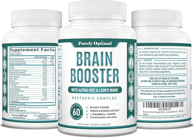 Purely Optimal Brain Booster Nootropic Supplement – Brain Support for Memory Focus Clarity Jitter-Free Energy for Adults Seniors– with Ginkgo Biloba Alpha GPC Lion’s Mane – 60 Capsules