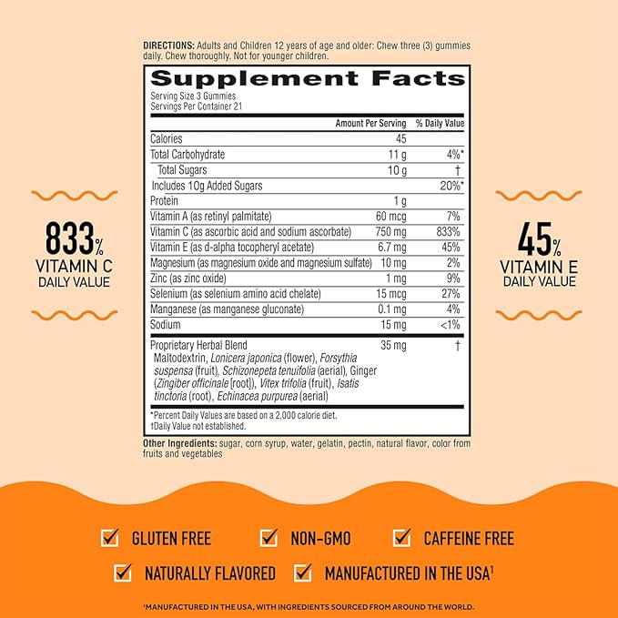 Airborne 750mg Vitamin C Immune Support Supplement Gummies for Adults Assorted Fruit Flavor Gluten Free Crafted Blend with Powerful Antioxidants Vitamins A C &amp E 42 Gummies (2 Pack)