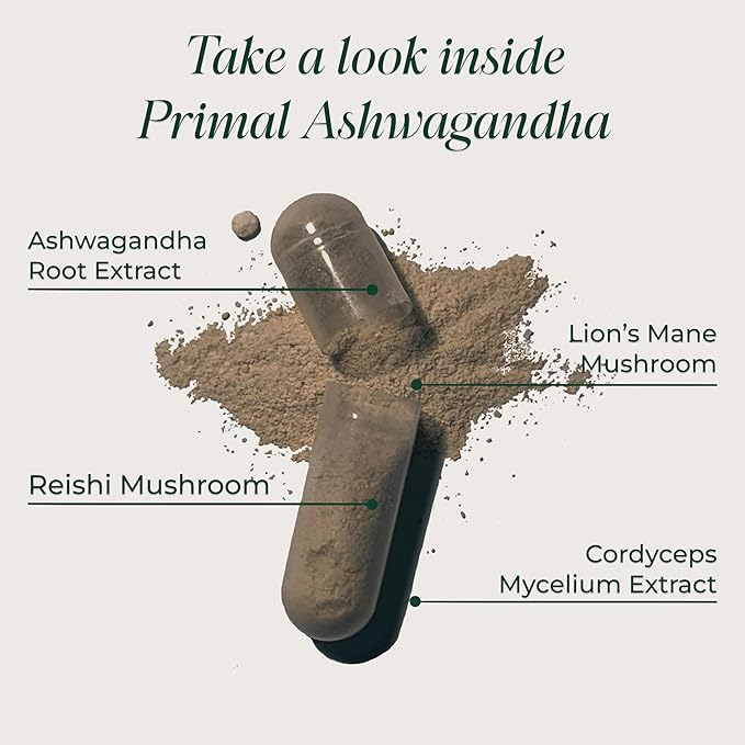 Primal Harvest Ashwagandha Supplement with 5 Mushroom Extracts: Lion’s Mane Reishi Cordyceps Turkey Tail &amp Maitake for Immune Support &amp Cognitive Health
