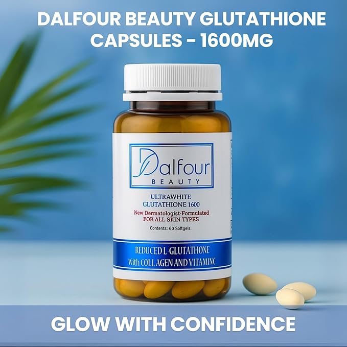 Dalfour Beauty Ultra Glutathione Capsules with Hydrolyzed Collagen &amp Vitamin C – 2400mg High Absorption Antioxidant Support Supplement – 1600mg Reduced L-Glutathione Per Serving - 30-Day Supply