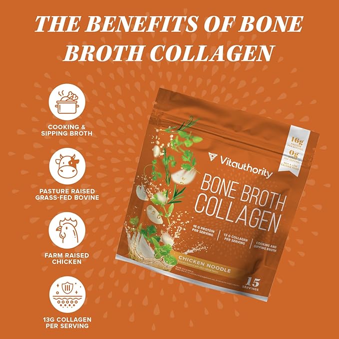 Vitauthority Multi Collagen Burn Capsules: Hydrolyzed Protein Peptides with Hyaluronic Acid and Bone Broth Collagen Delicious Chicken Noodle Flavored - Packed with 16g of Protein