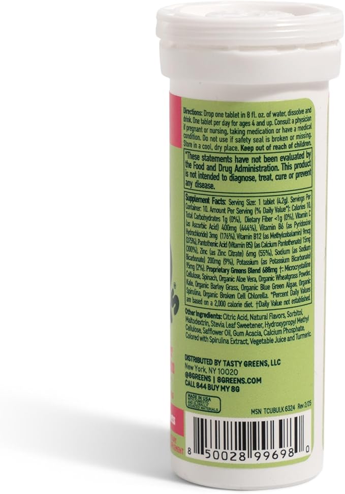 8Greens Supergreens Tablets | Superfood Tablet for Metabolism Immunity &amp Focus Daily Effervescent Tablets Organic: Aloe Vera Spirulina Chlorella Cucumber Watermelon 30 Servings