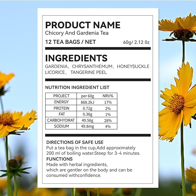 Chicory and Gardenia Tea Kreain Nature Chicory Tea Bags Support Healthy Blood Sugar Digestion Weight &amp Sleep Natural Sugar-Free Blend Vegan &amp Caffeine-Free 12 Bags (4 Pack)